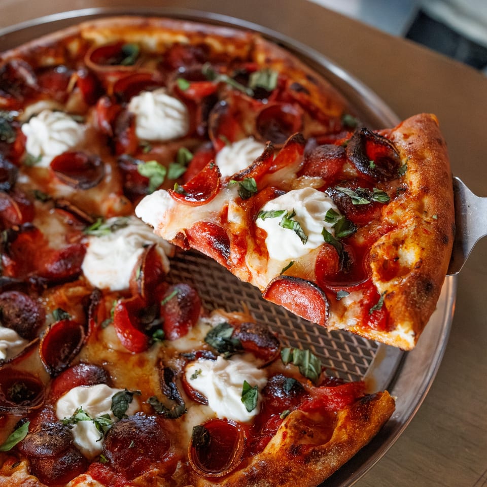 A slice of pepperoni pizza with dollops of ricotta cheese and basil being lifted from a pan.
