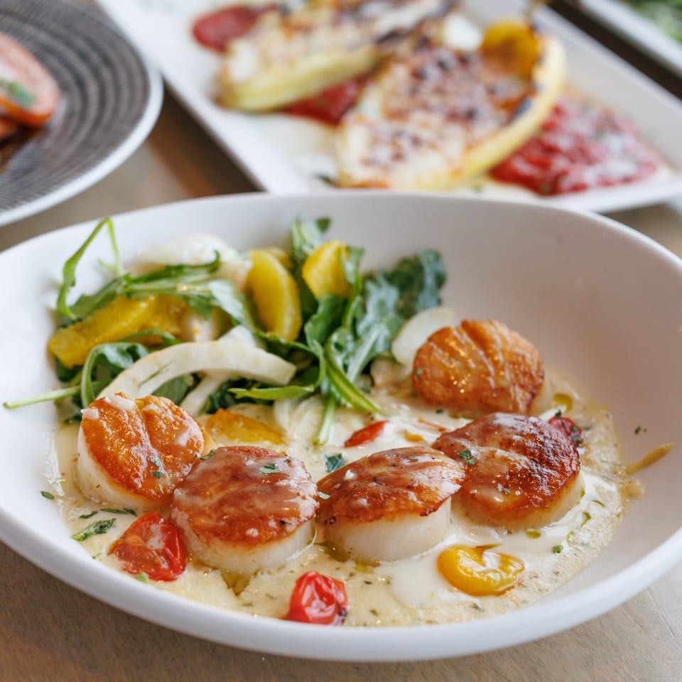 Pan-seared scallops with creamy sauce, cherry tomatoes, and a side salad in a white bowl.