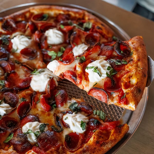 A slice of pepperoni and ricotta pizza with basil being lifted from a whole pizza.