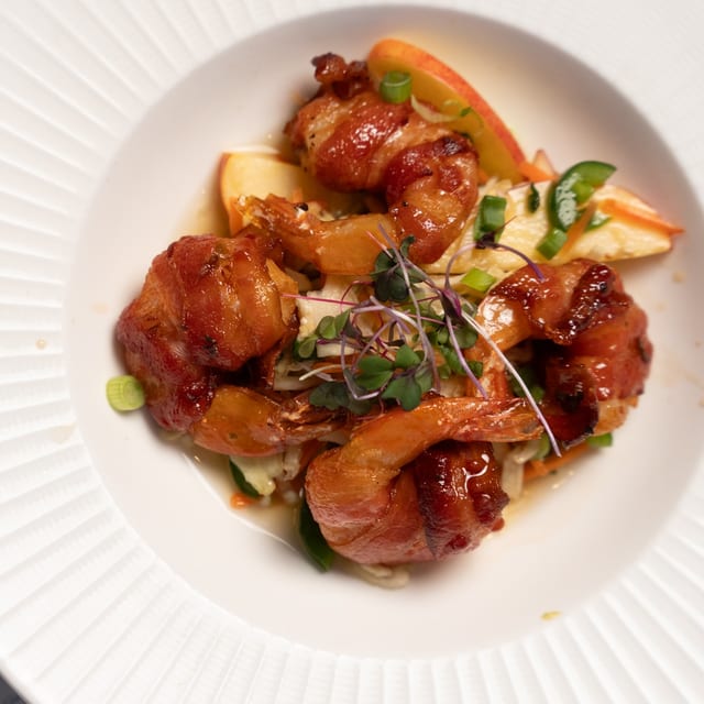 Bacon Wrapped Bourbon Shrimp.